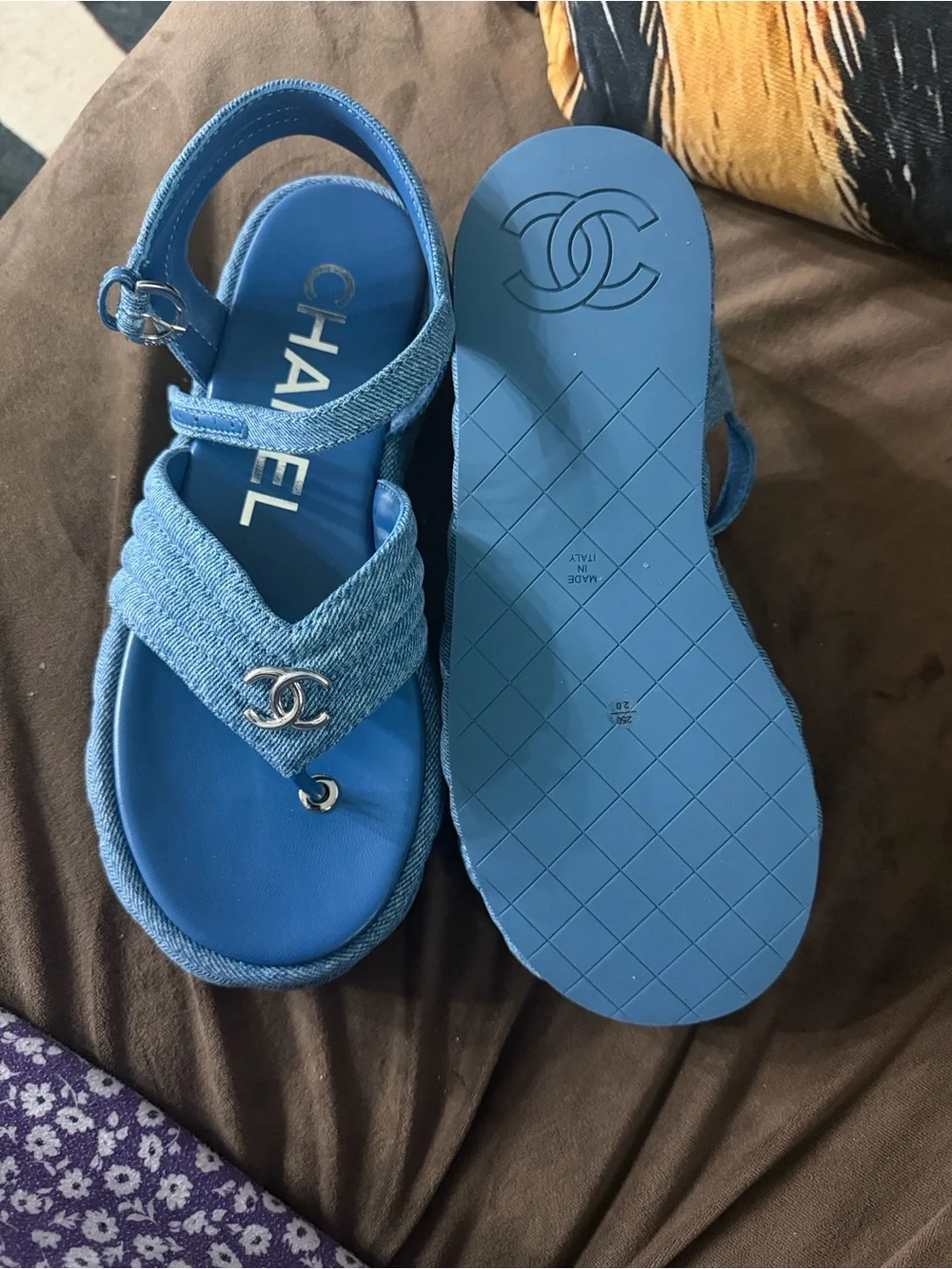 CHANEL Denim Blue Slingback Logo Sandals